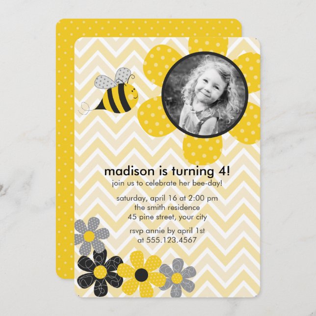 Convite Festa de Aniversário de criança de Abelhas (Frente/Verso)