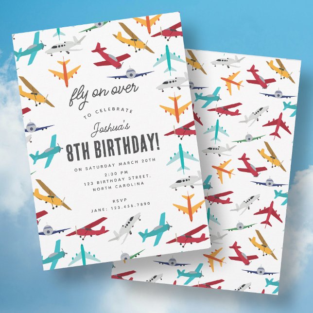 Convite Festa de Aniversário de criança de Avião Cóplio Vo (Cute Airplane Kids Birthday Party Fly on Over Invitation)