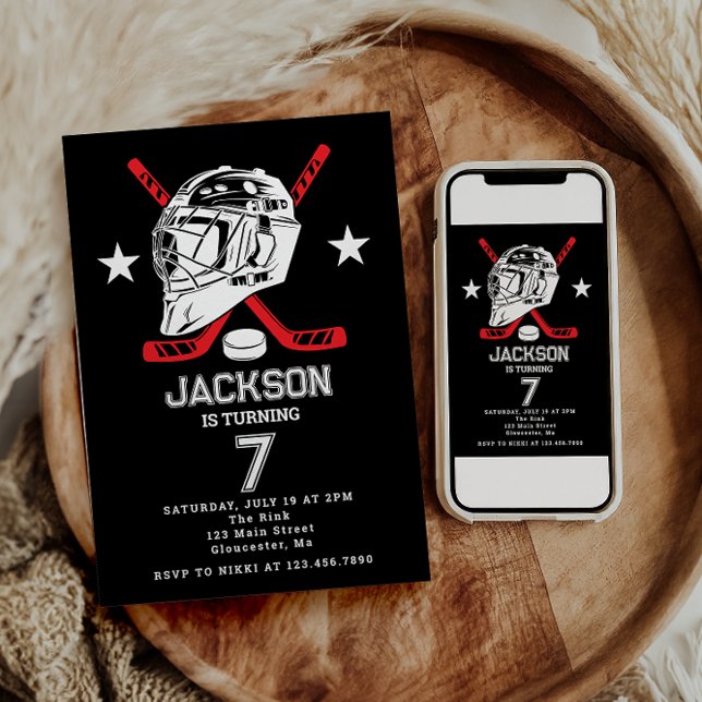 Convite Festa de Aniversário de criança de Hockey Black an (Criador carregado)
