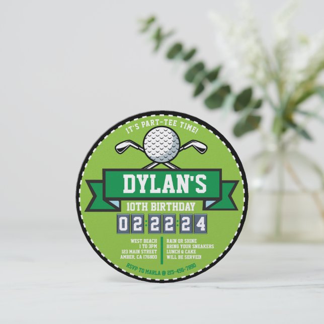 Convite Festa de Aniversário de criança de JOGOS GOLFING (Em pé/Frente)
