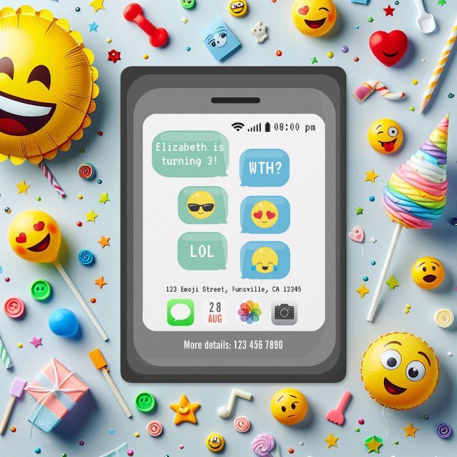 Convite Festa de Aniversário de criança de Mensagem de Tex (Fun Emoji Text Message Kids Birthday Party Invitation)