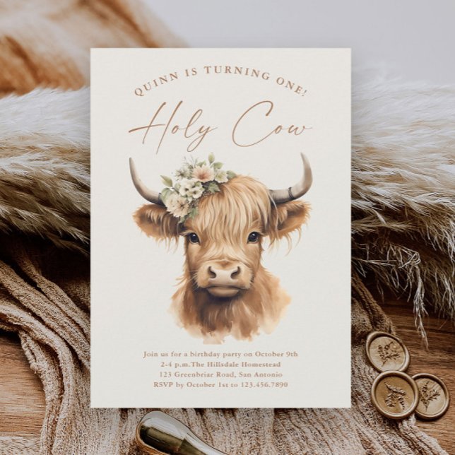 Convite Festa de Aniversário de criança de Vaca Boho Highl (Boho highland cow kids girls first birthday party invitations.)