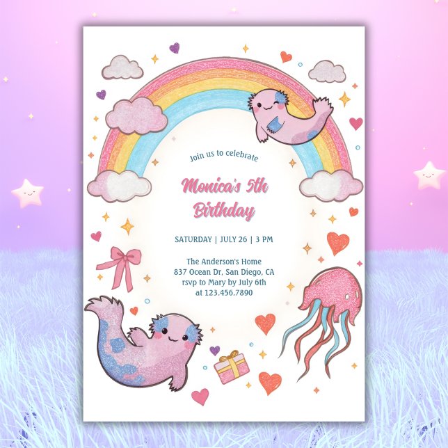 Convite Festa de Aniversário de criança do Arco-Íris Axolo (Cute Axolotl Rainbow Birthday Invitation – Under the Sea Birthday Invite)