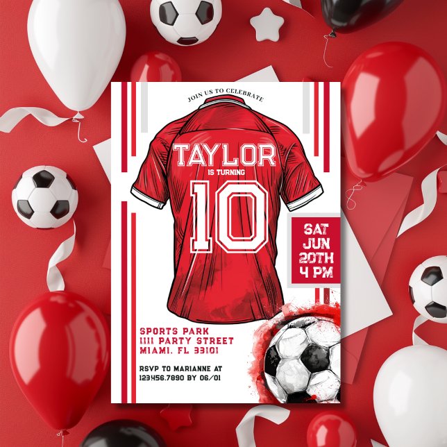 Convite Festa de Aniversário de criança do Red Soccer Spor (Red Soccer Sports Boy Jersey Kids Birthday Party Invitation)