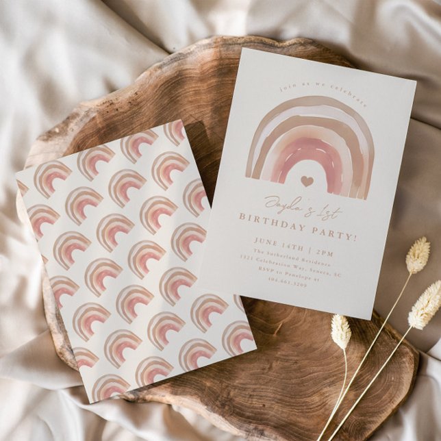 Convite Festa de Aniversário de criança Neutro do Boho Rai (Boho rainbow neutral kids birthday party invitation.)