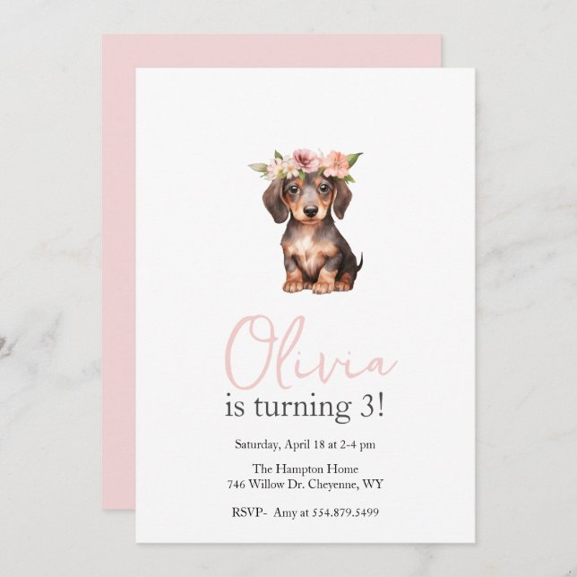 Convite Festa de aniversário de criança Pawty Dachshund (Frente/Verso)