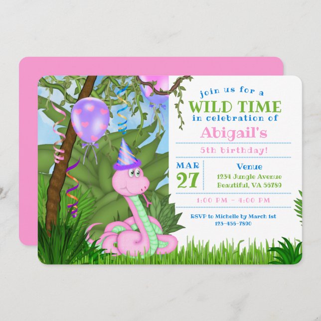Convite Festa de Aniversário de criança Rosa Selvagem Rosa (Frente/Verso)
