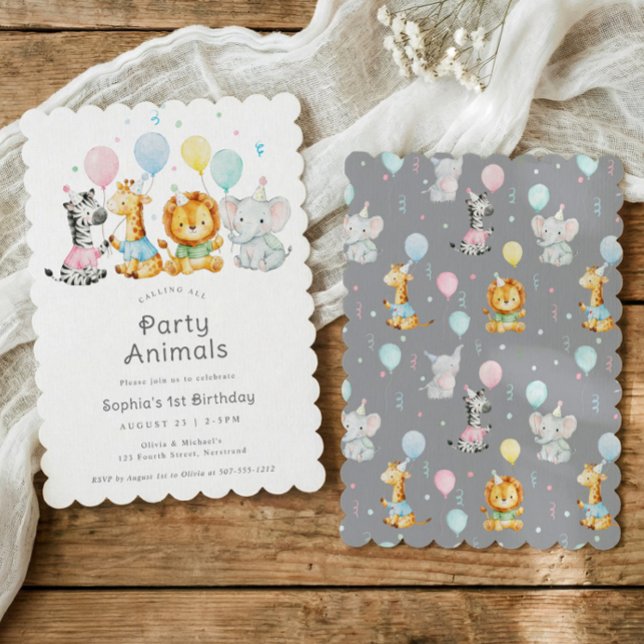 Convite Festa de Aniversário de Crianças com Animais Fofos (Cute kids birthday invitation with elephant, lion, giraffe and zebra holding balloons)