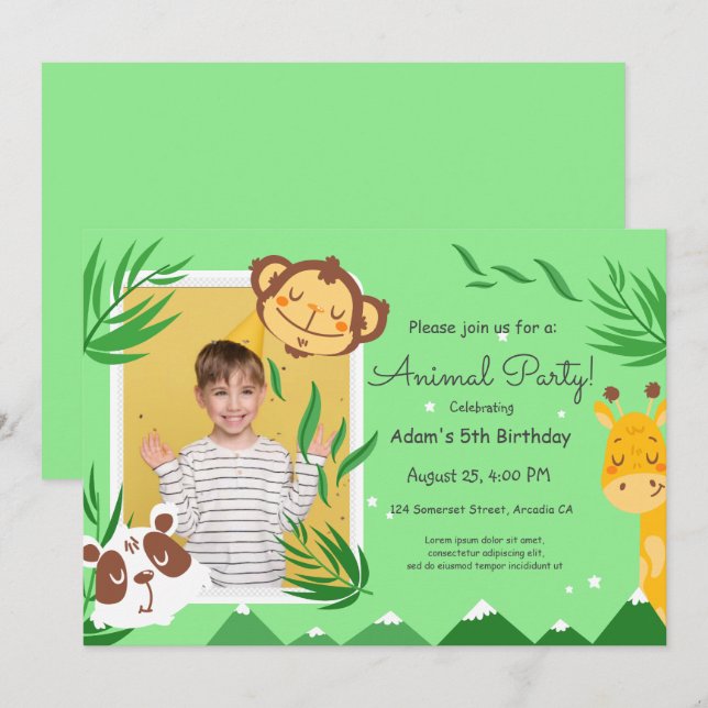 Convite Festa de Aniversário de Crianças com Animais, Foto (Frente/Verso)