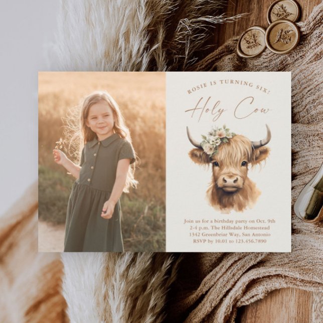 Convite Festa de Aniversário de Crianças com Vaca das Terr (Boho Highland Cow Kids Girls Photo Birthday Party Invitations.)