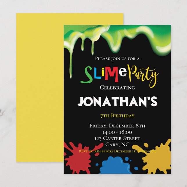 Convite Festa de aniversário de crianças Slimy Divertidas (Frente/Verso)