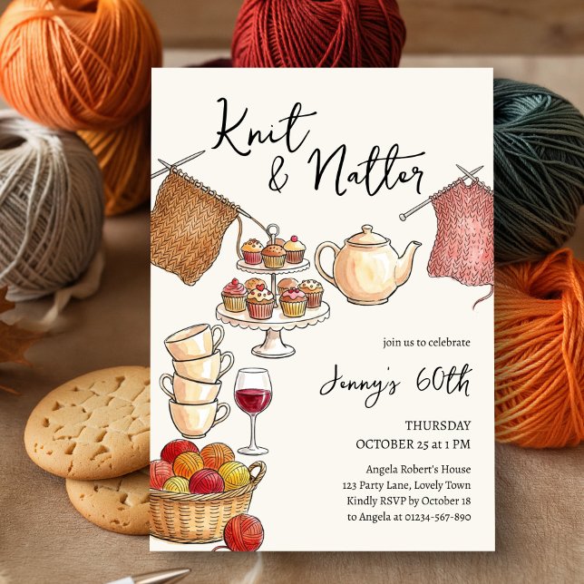 Convite Festa de Aniversário de Crochê e Conversa (Knit & Natter cozy knitting themed birthday invitation by Darling & May)