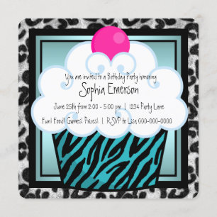 Convite Festa de Aniversário de Cupcake Zebra Azul Turques