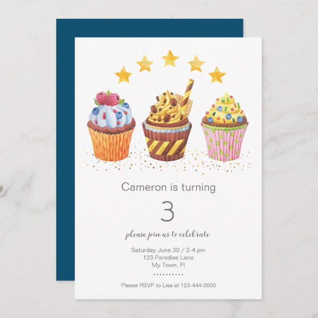 Convite Festa de aniversário de Cupcakes de Aquarela de Pe (Frente/Verso)