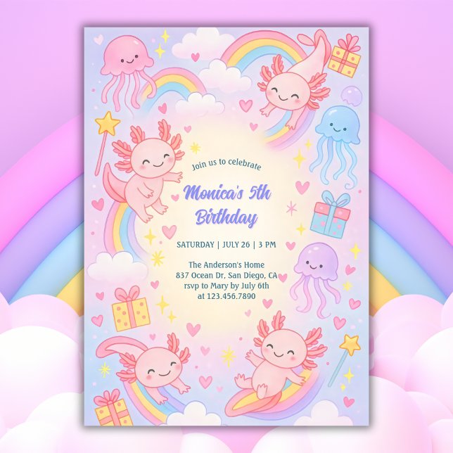 Convite Festa de aniversário de Cute Axolotl de Aventura S (Cute Axolotl Birthday Invitation Underwater Adventure Party Invite)