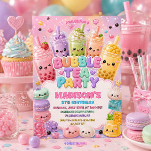 Convite Festa de Aniversário de Cute Rainbow Bubble Tea Sq