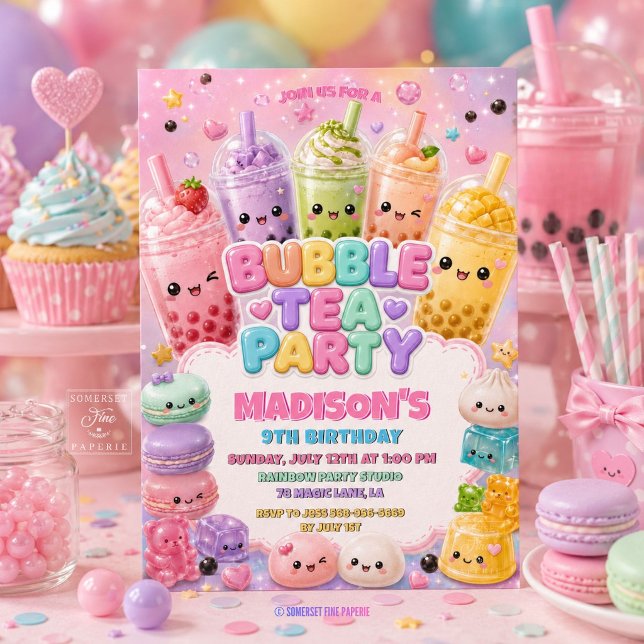 Convite Festa de Aniversário de Cute Rainbow Bubble Tea Sq (Cute Rainbow Sparkles Glitter Bubble Tea Squishies Girly Birthday Party Invitation Card)