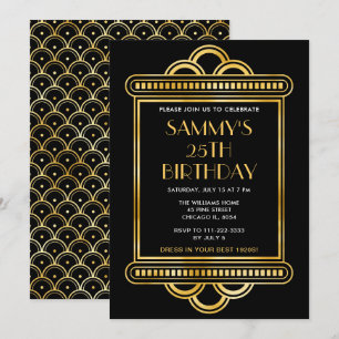 Convite Festa de aniversário de Deco de Arte Dourada e Neg