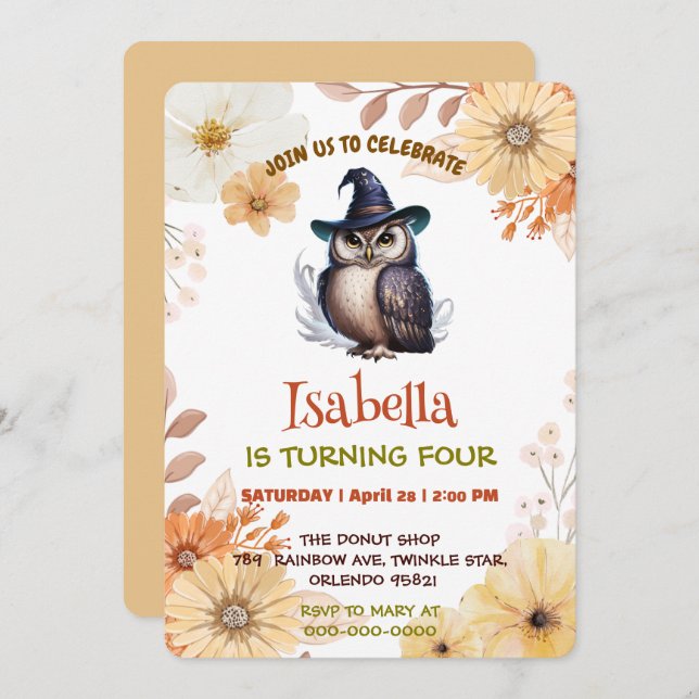 Convite Festa de aniversário de desenho animado de coruja (Frente/Verso)