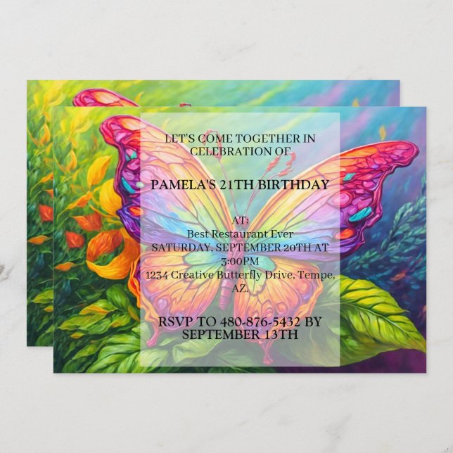 Convite Festa de aniversário de Desenho da Borboleta de Ar (Frente/Verso)