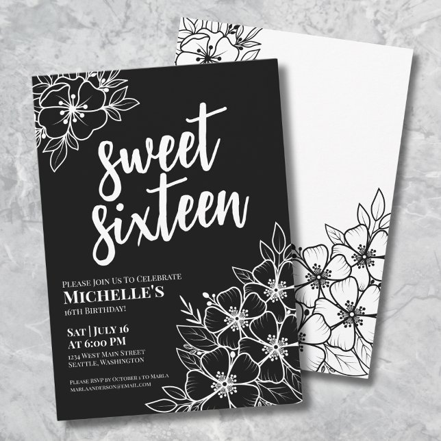 Convite Festa de Aniversário de Dezesseis Anos com Tema Fl (Black White Floral Sweet Sixteen Birthday Party Invitation)
