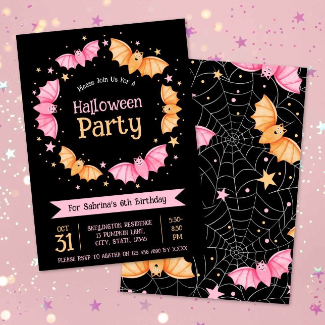 Convite Festa de aniversário de Dia das Bruxas de Bats Bon (Cute Bats Halloween Birthday Party Invitation)