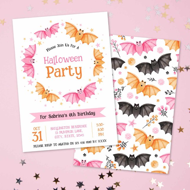 Convite Festa de aniversário de Dia das Bruxas de Bats Bon (Cute Bats Halloween Birthday Party Invitation)