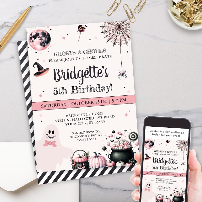 Convite Festa de aniversário de Dia das Bruxas Rosa Ghost  (Modern pink halloween theme birthday party invitation for girly halloween party invites with ghost)