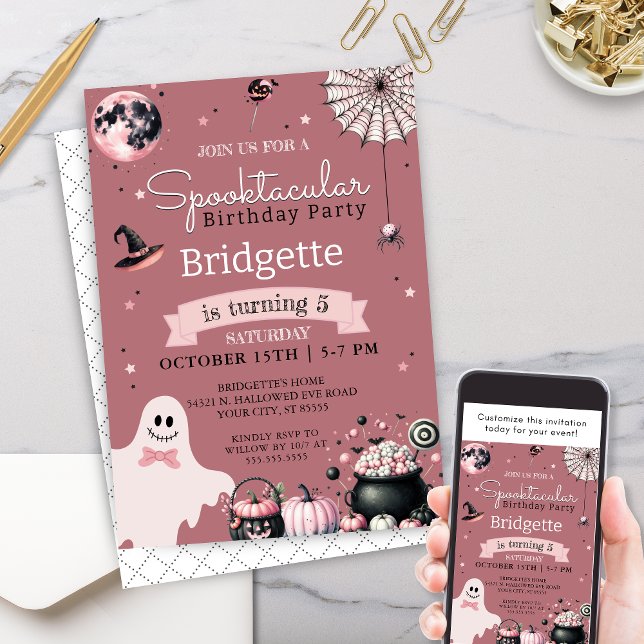 Convite Festa de aniversário de Dia das Bruxas Simples, Ro (Unique pink girly spooktacular halloween birthday party invitation for any age ghost pumpkins party)