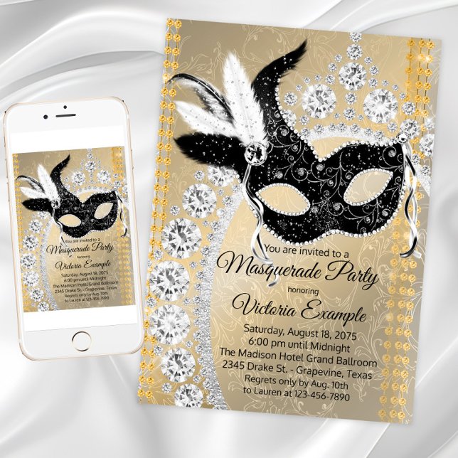 Convite Festa de aniversário de Diamante Dourado preto (Black and gold masquerade party invitation with mask and diamonds. For download and print.)