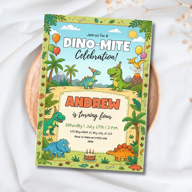 Convite Festa de Aniversário de Dinossauro Dino Crianças T (Criador carregado)