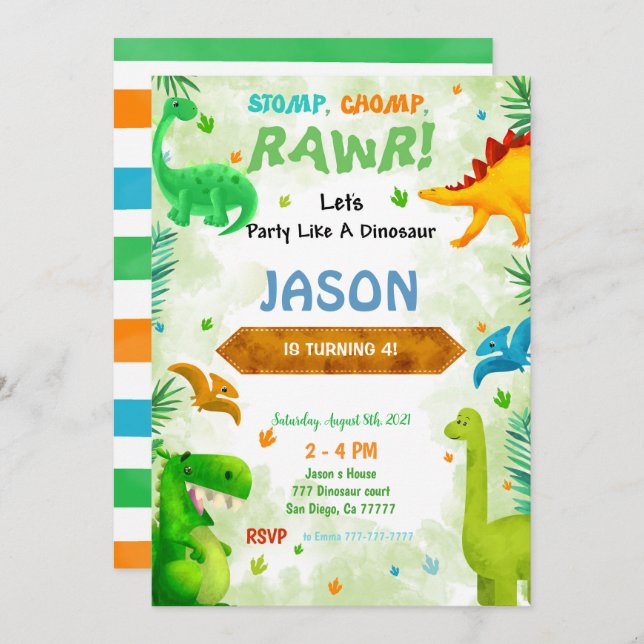 Convite Festa de aniversário de Dinossauro Engraçado (Frente/Verso)