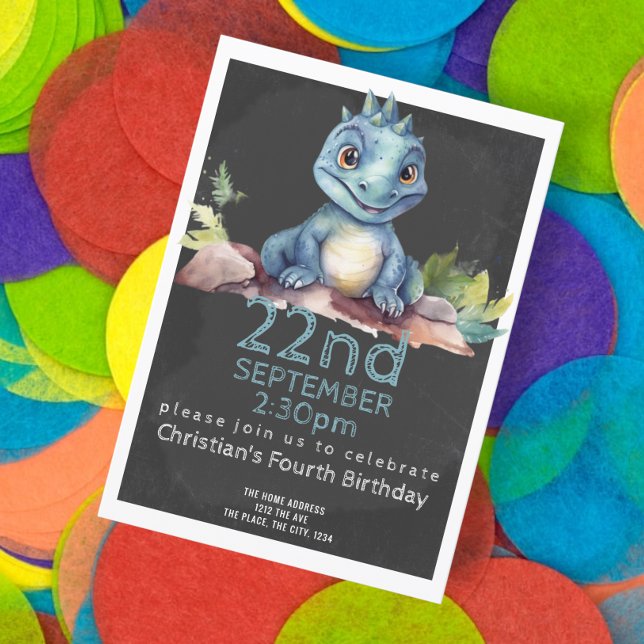 Convite Festa de aniversário de Dinossauro Gato Personaliz (Cute little blue dinosaur birthday party invitations from Ricaso )