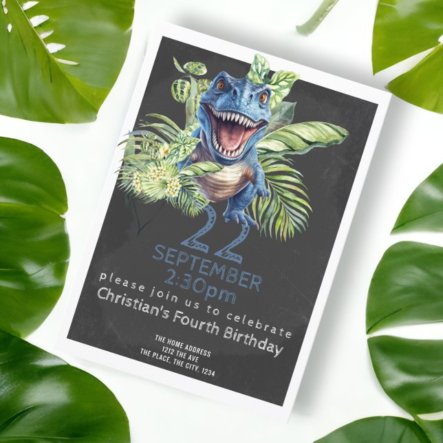 Convite Festa de aniversário de Dinossauro Gato Personaliz (Blue dinosaur birthday party invitation. Birthday invites from Ricaso. Printed or downloadable)
