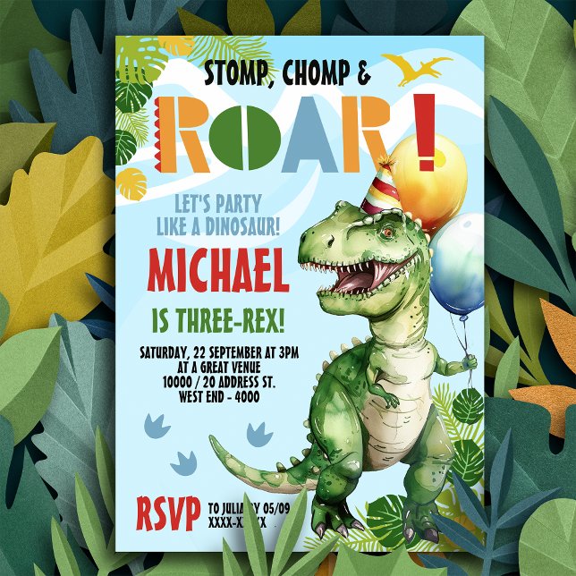 Convite Festa de aniversário de Dinossauro Três Rex (Stomp, Chomp & Roar - get ready to party like dinosaur with our three-rex invitation!)