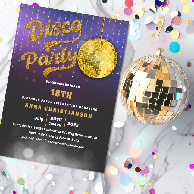 Convite Festa de aniversário de Disco Dourada (Gold glitter-look disco party invitation. )