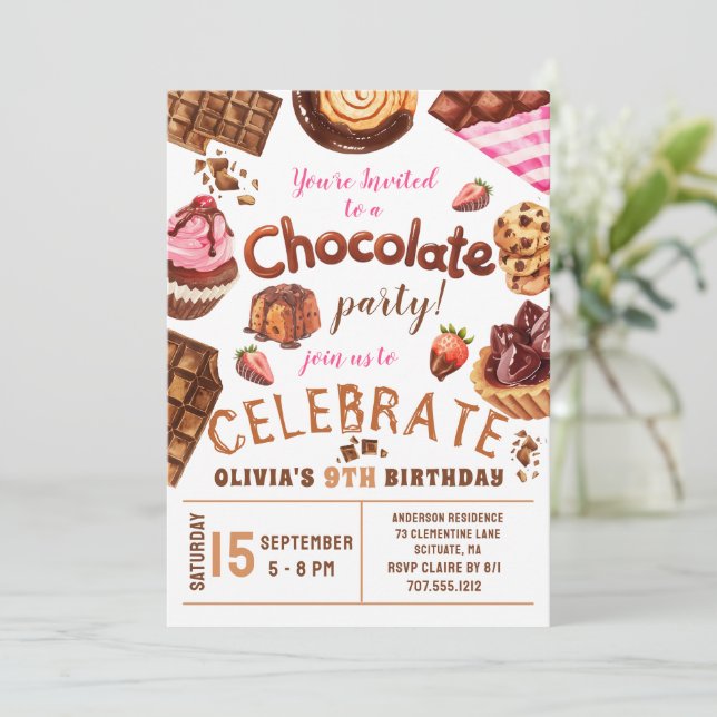 Convite Festa de aniversário de doçarias de chocolate (Em pé/Frente)