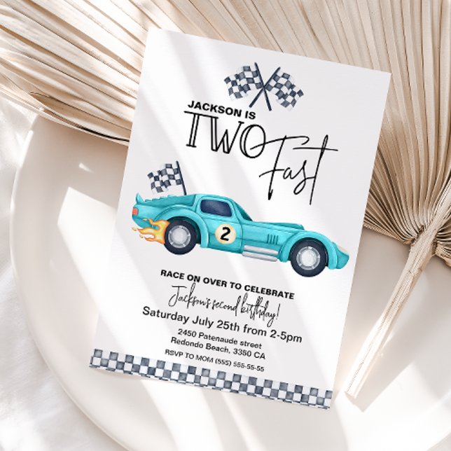 Convite Festa de aniversário de dois anos do carro de corr (Two Fast birthday invitation blue vintage race car)