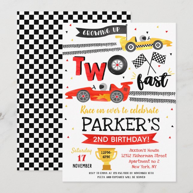 Convite Festa de Aniversário de Dois Anos Rápido Carro Ver (Frente/Verso)