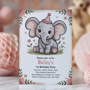 Convite Festa de Aniversário de Elefante Rosa Fofo para Cr