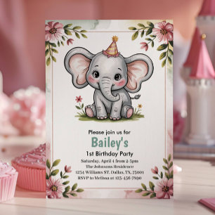 Convite Festa de Aniversário de Elefante Rosa Fofo para Cr