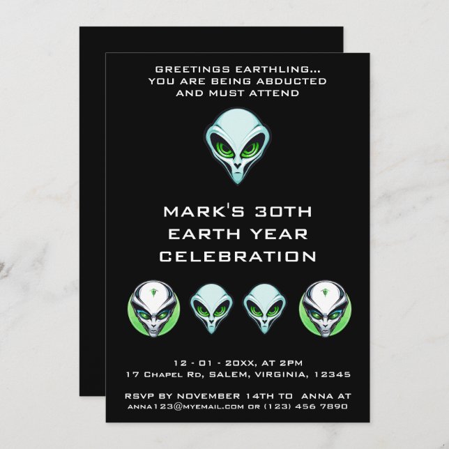 Convite Festa de aniversário de Espaço de Abdução de OVNI  (Frente/Verso)