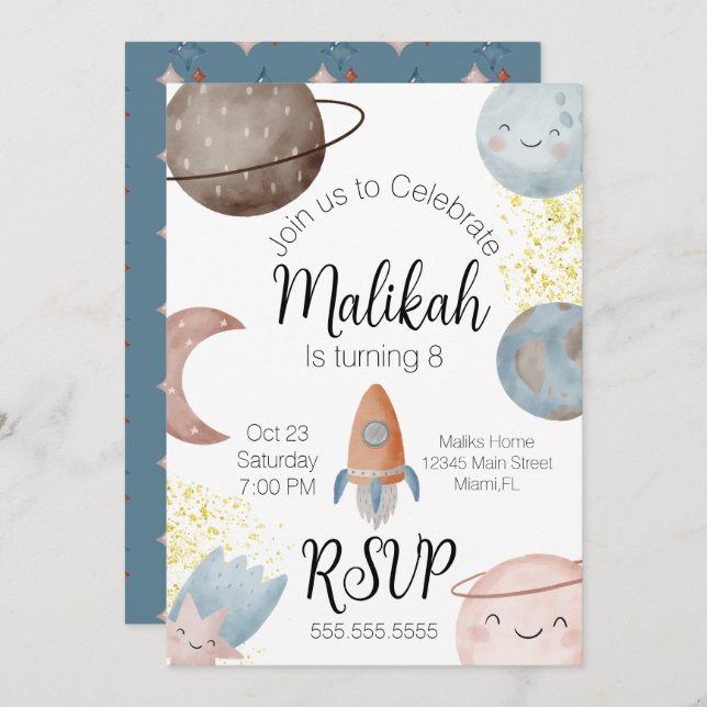 Convite Festa de aniversário de Espaço em Água para Menino (Frente/Verso)