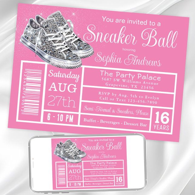 Convite Festa de aniversário de Espetáculo de Diamante Ros (Pink sneaker ball invitation. Instant download and printed invitations available.)
