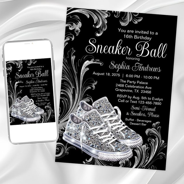 Convite Festa de aniversário de Espetáculo de Diamond (Black white diamond sneakers sneaker ball invitation. Available for Instant download and print.)
