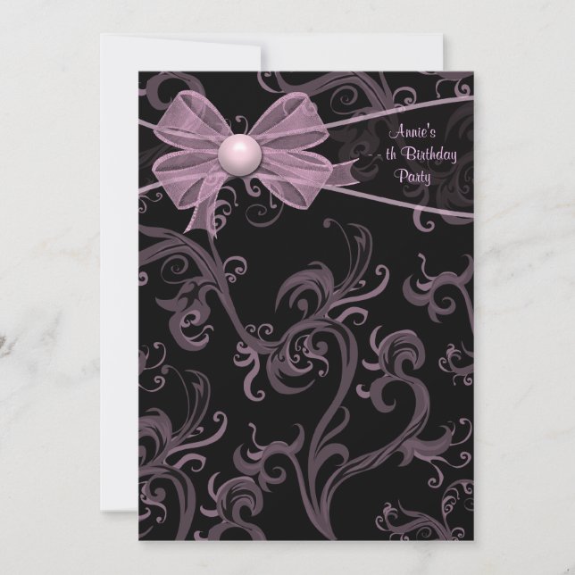 Convite Festa de aniversário de espirais pretas cor-de-ros (Frente)