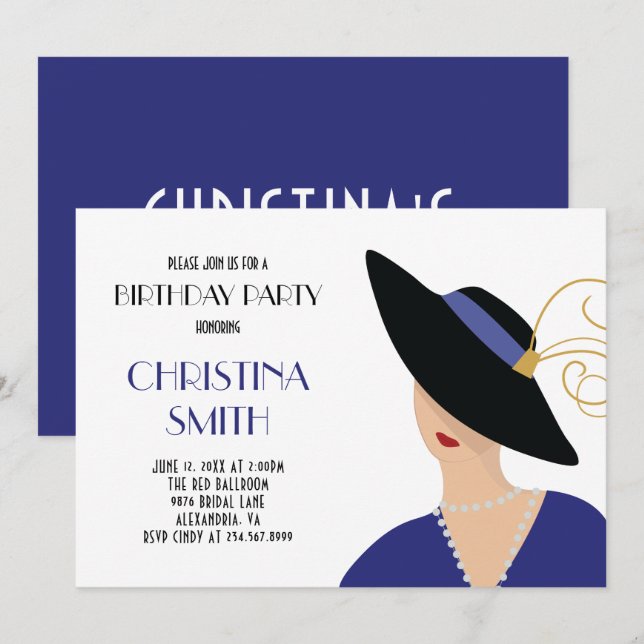 Convite Festa de aniversário de Estilo Art Deco (Frente/Verso)