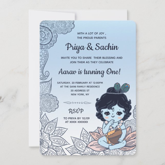 Convite Festa de aniversário de Estilo Hindu Krishna (Frente)