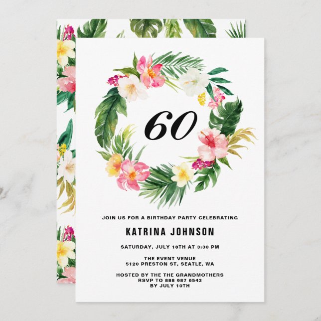 Convite Festa de aniversário de exaustão de flores tropica (Frente/Verso)