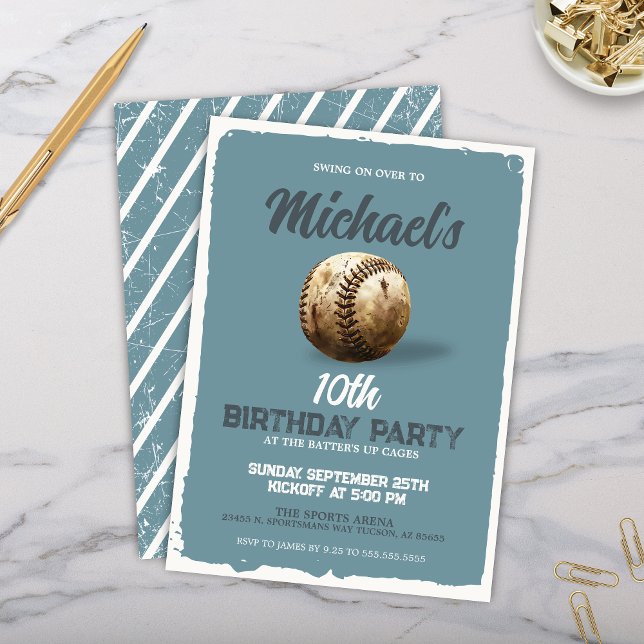 Convite Festa de aniversário de Exibição de Tema Azul de B (Blue Grey Vintage Baseball Theme Birthday Party Invitation or Watch Party Invite for Viewing Party)
